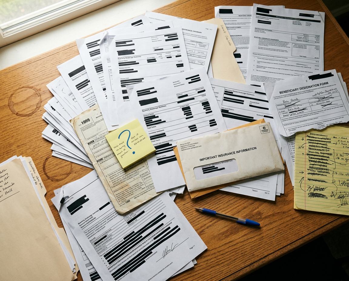 Stack of overlapping financial paperwork on a desk — the noise.